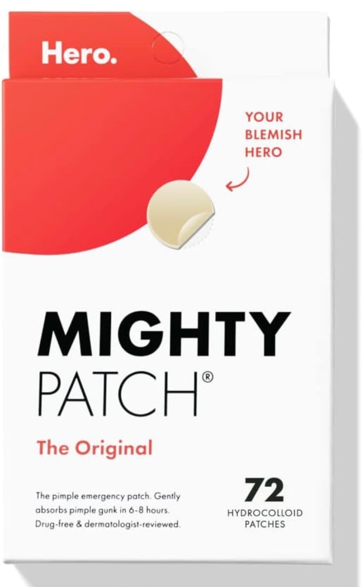 Mighty Patch™ Original patch from Hero Cosmetics – The #1 Hydrocolloid Acne Pimple Patch for Shrinking Zits and Whiteheads in 1 use; Nighttime Spot Stickers for Face and Skin (72 Count